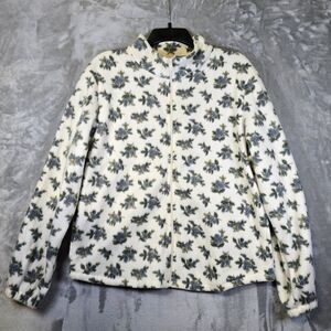 Better Unsaid Full Zip Fleece Jacket Womens M Cream Blue Green Floral Pockets